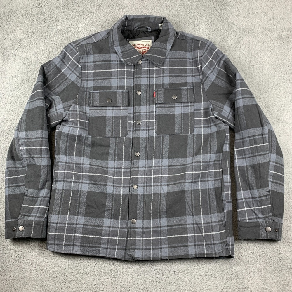 Levis Jacket Mens Medium‎ Grey Flannel Quilted Filled Shacket Inside Pocket Coat